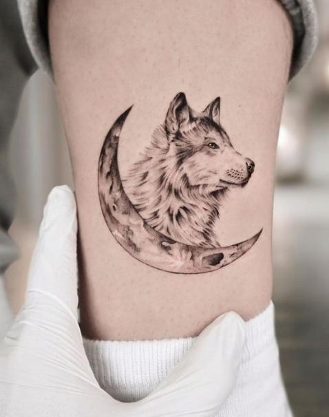 Wolf and Crescent Moon Tattoo